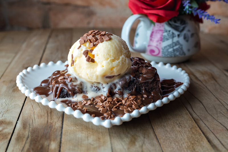 Warm chocolate brownie with ice cream