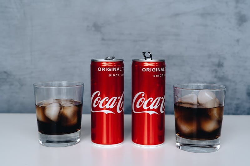 Soft drinks cans and bottles selection
